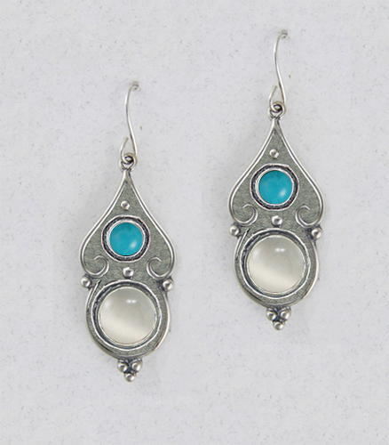 Sterling Silver White Moonstone And Turquoise Gemstone Drop Dangle Earrings